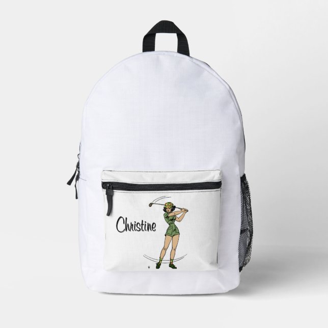 Warm Up for Golfing Personal Lady Golfer Printed Backpack (Front)