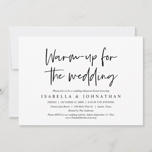 Warm-up for the Wedding, Rehearsal Dinner Invitation (Front)