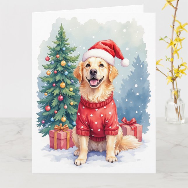 Warm Watercolor Golden Retriever Christmas Tree Card (Yellow Flower)