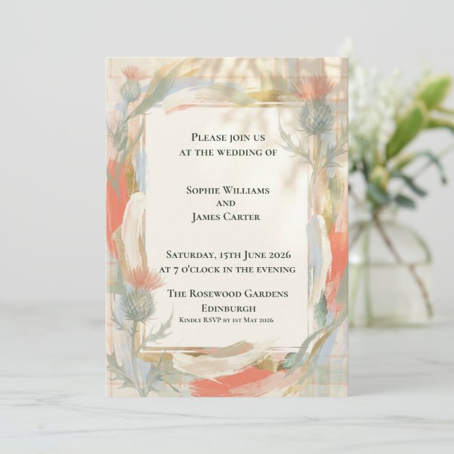 Warm Watercolour Thistle Floral Autumnal Scottish  Invitation (Standing Front)