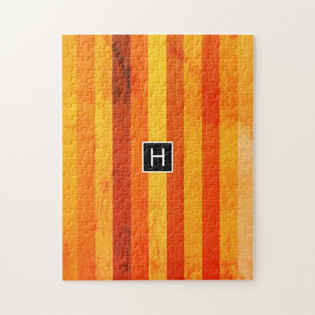 Warm Weathered Orange Red Stripes Monogram Jigsaw Puzzle (Vertical)