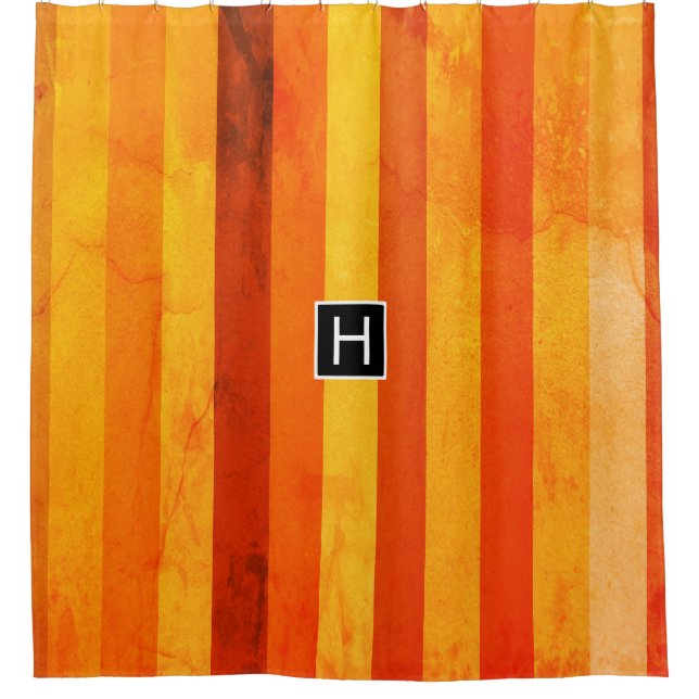 Warm Weathered Orange Red Stripes Monogram Shower Curtain (Front)