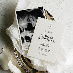 Warm White Soft Black Monogram Photo Wedding Invitation