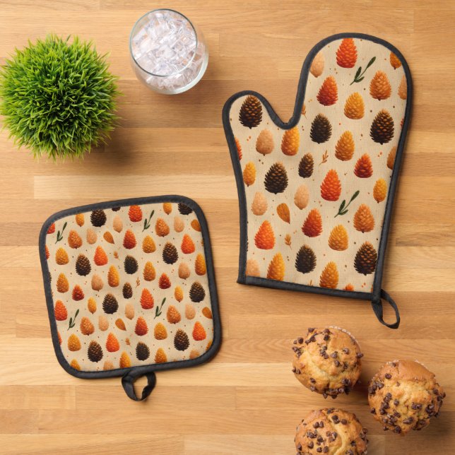 Warm Winter Pinecones Pattern Oven Mitt & Pot Holder Set (Top Down)
