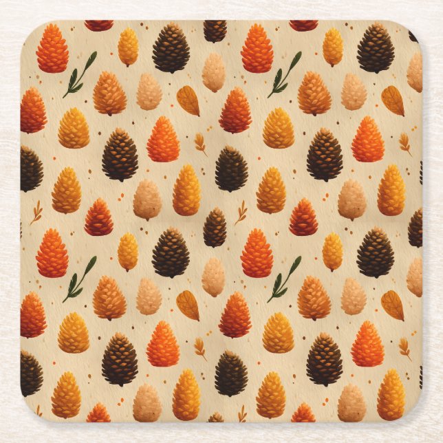 Warm Winter Pinecones Pattern Square Paper Coaster (Front)