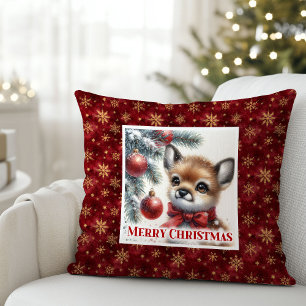Warm winter scene baby fawn Christmas pillow 