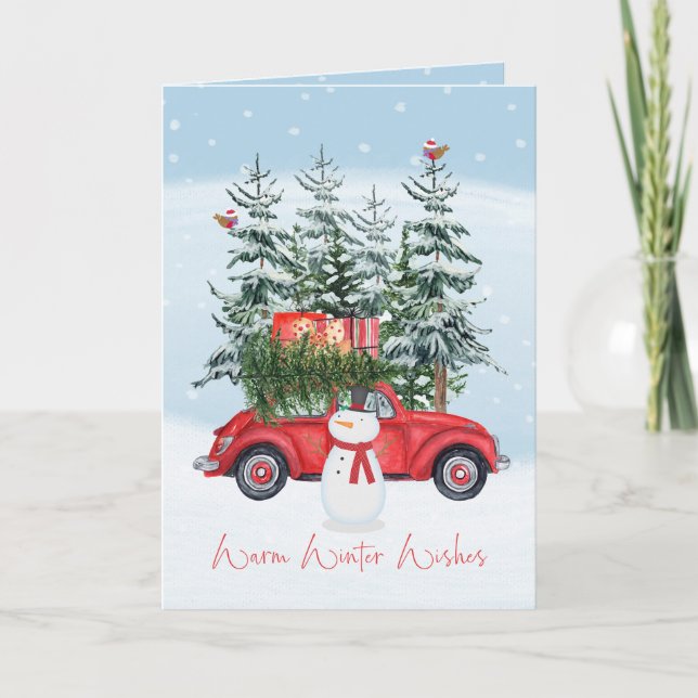 Warm Winter Wishes Christmas Snowman and Car Holiday Card (Front)