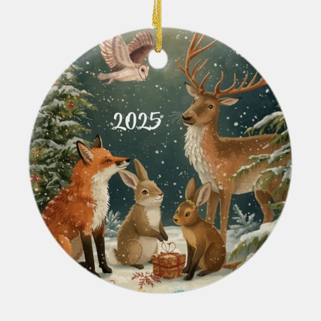 Warm Winter Wishes Holiday Woodland Animals 2025 Ceramic Ornament (Back)