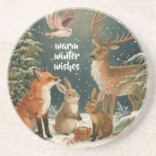 Warm Winter Wishes Holiday Woodland Animals Coaster