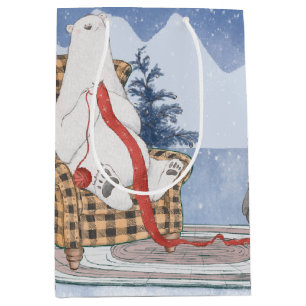 Warm Winter Wishes Polar Bear Knitting Red Scarf   Medium Gift Bag