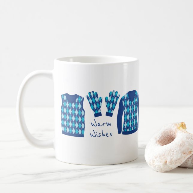 Warm Wishes Argyle Pattern Items Mug - Blue (With Donut)