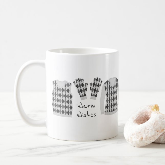 Warm Wishes Argyle Pattern Items Mug - Grey (With Donut)