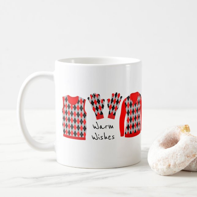 Warm Wishes Argyle Pattern Items Mug - Red (With Donut)