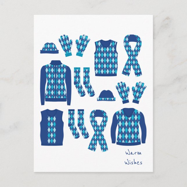 Warm Wishes Argyle Pattern Items Postcard - Blue (Front)