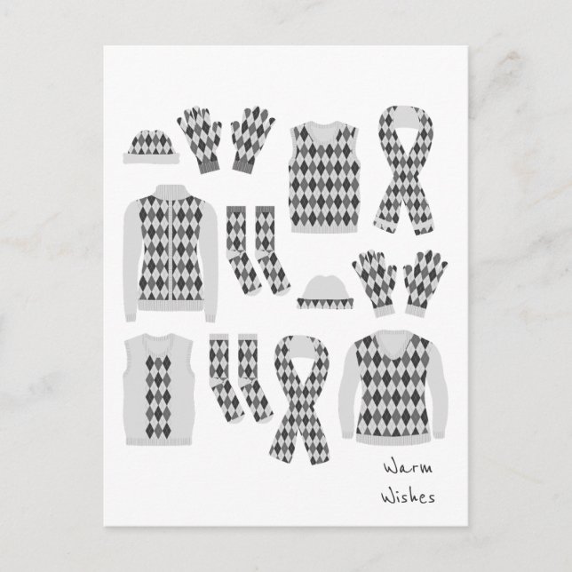 Warm Wishes Argyle Pattern Items Postcard - Grey (Front)