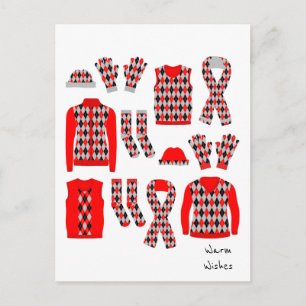 Warm Wishes Argyle Pattern Items Postcard - Red