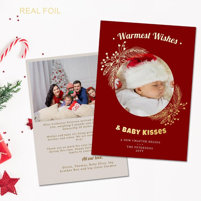 Warm Wishes Baby Kisses Elegant 2 Holiday Photos (sweet baby announcement family holiday card two photos elegant gold foil calligraphy burgundy red)