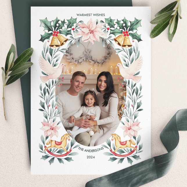 Warm Wishes Botanical Rocking Horse Christmas Holiday Card (Creator Uploaded)