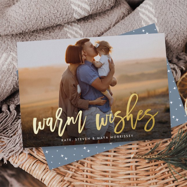 Warm Wishes Brush Lettered Photo Foil Holiday Card (Creator Uploaded)
