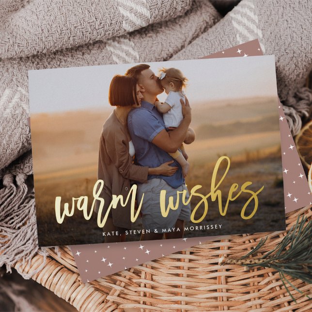 Warm Wishes Brush Lettered Photo Foil Holiday Card (Creator Uploaded)