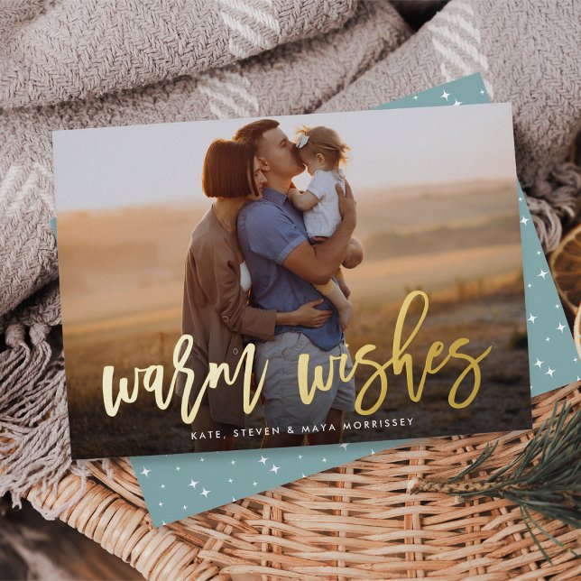 Warm Wishes Brush Lettered Photo Foil Holiday Card (Creator Uploaded)