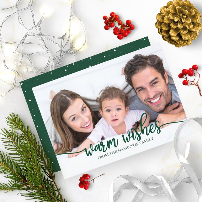 Warm Wishes Chic Green Calligraphy Photo Christmas Invitation (Creator Uploaded)