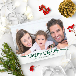 Warm Wishes Chic Green Calligraphy Photo Christmas Postcard