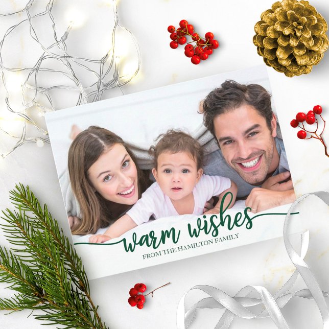 Warm Wishes Chic Green Calligraphy Photo Christmas Postcard (Creator Uploaded)