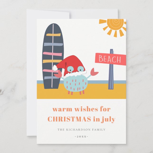 Warm Wishes Christmas in July Beach Sun Sand Crab Holiday Card (Front)