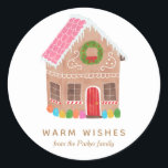 Warm Wishes Classic Round Sticker<br><div class="desc">Hand illustrated gingerbread house design by Shelby Allison that can be personalised with your family name.</div>