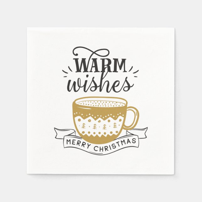 Warm Wishes Cup Hot Coffee Cocoa Xmas Gold Black  Napkin (Front)