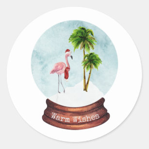 Warm Wishes Flamingo Palm Trees Snow Globe Classic Round Sticker