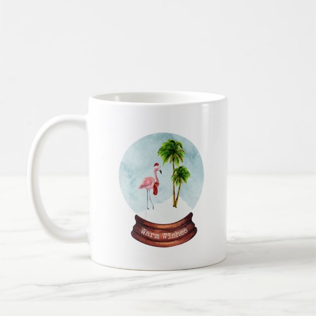 Warm Wishes Flamingo Palm Trees Snow Globe Coffee Mug (Left)
