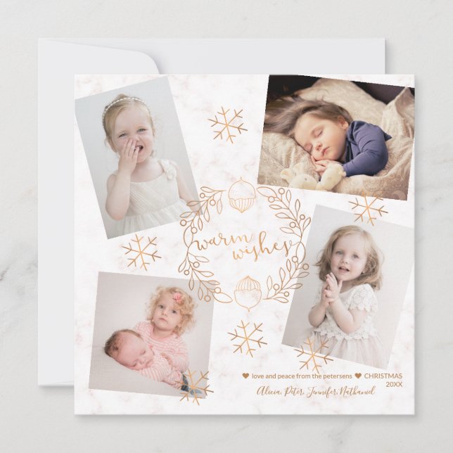 Warm Wishes Gold Snowflakes Blush Marble 4 Photos Invitation (Front)