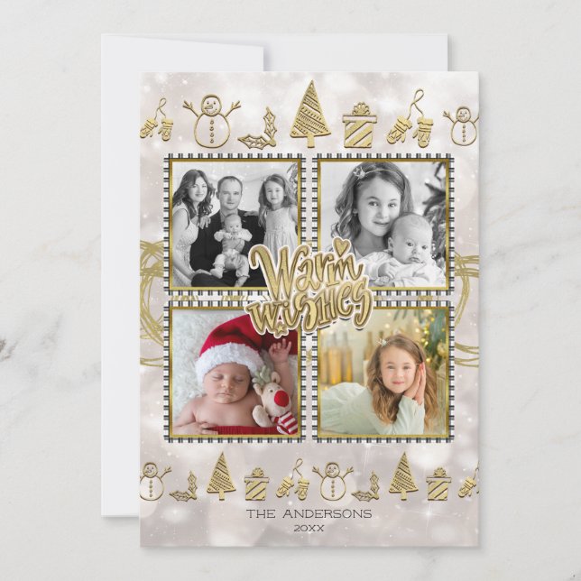 Warm Wishes Gold & White Sparkle Holiday 4 Photo Card (Front)