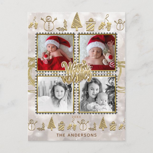 Warm Wishes Gold & White Sparkle Holiday 4 Photo Postcard (Front)