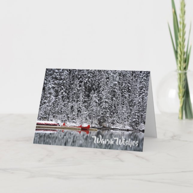 Warm Wishes & Happy Holidays Lake Canoes in Winter Holiday Card (Front)