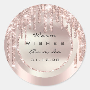 Warm Wishes Holidays Name Glitter Rose Gold Spark Classic Round Sticker