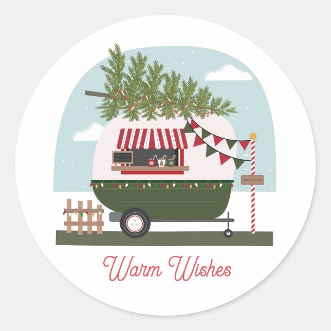 Warm Wishes Hot Cocoa Camper Christmas Classic Round Sticker (Front)