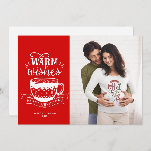 Warm Wishes Hot Cup Coffee Cocoa Red White Custom  Holiday Card (Front/Back)