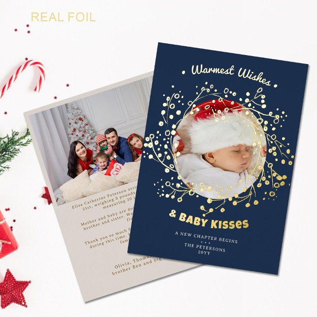 Warm Wishes Kisses Whimsical Baby Announcement (baby announcement family holiday christmas card two photos whimsical gold wreath elegant chic navy)