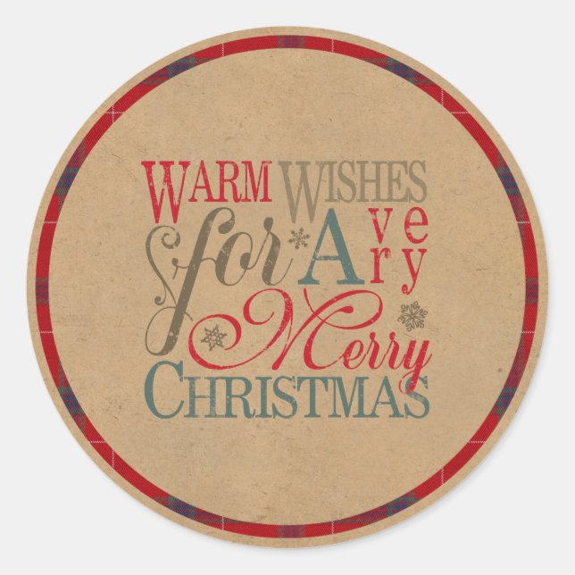 Warm Wishes Kraft & Tartan Red/Green ID589 Classic Round Sticker (Front)