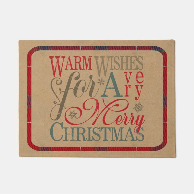 Warm Wishes Kraft & Tartan Red/Green ID589 Doormat (Front)