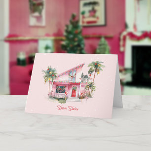 Warm Wishes Midcentury Modern House Pink Christmas Card