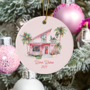 Warm Wishes Midcentury Modern House Pink Christmas Ceramic Ornament