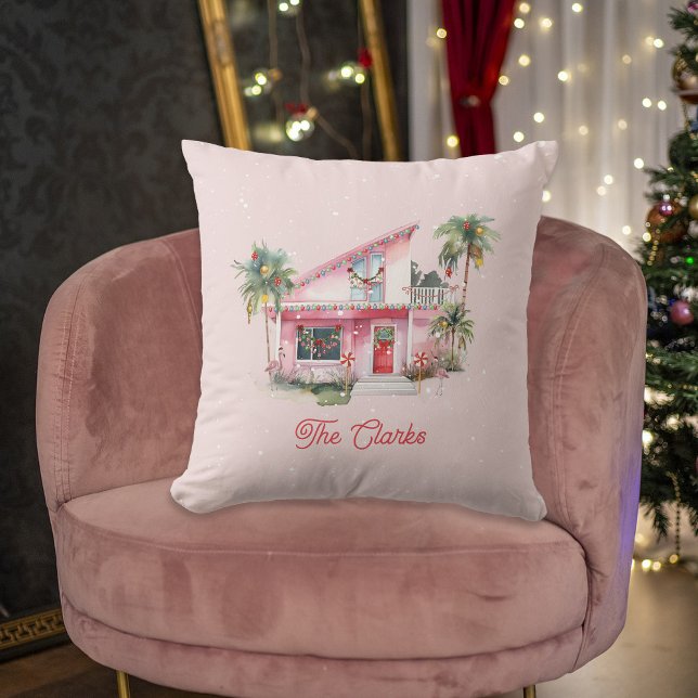 Warm Wishes Midcentury Modern House Pink Christmas Cushion (Creator Uploaded)