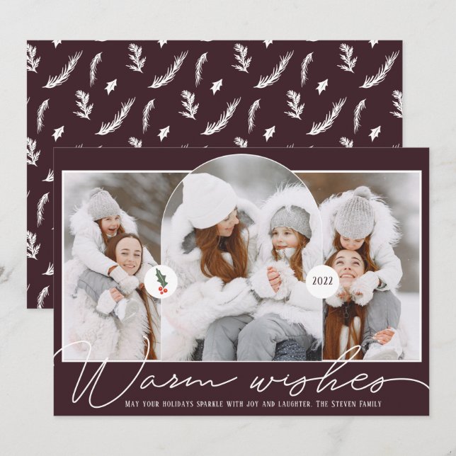 Warm wishes modern arch 3 photos plum white holiday card (Front/Back)