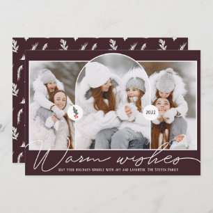 Warm wishes modern arch 3 photos plum white holiday card