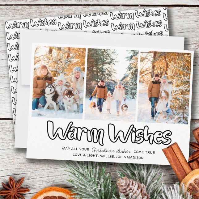 Warm Wishes Outline Lettering 3 Vertical Photo Holiday Card (Creator Uploaded)