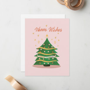 Warm Wishes Pastel Pink Retro Christmas Tree Holid Card